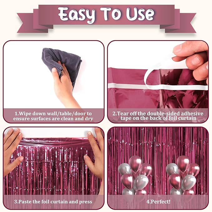 3 Pack 3.3 x 8.2 ft Burgundy Foil Fringe Backdrop Curtains, Tinsel Streamers - Image 3