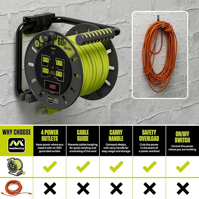 Masterplug 60ft Cord Reel, Retractable Extension Lead - Image 5