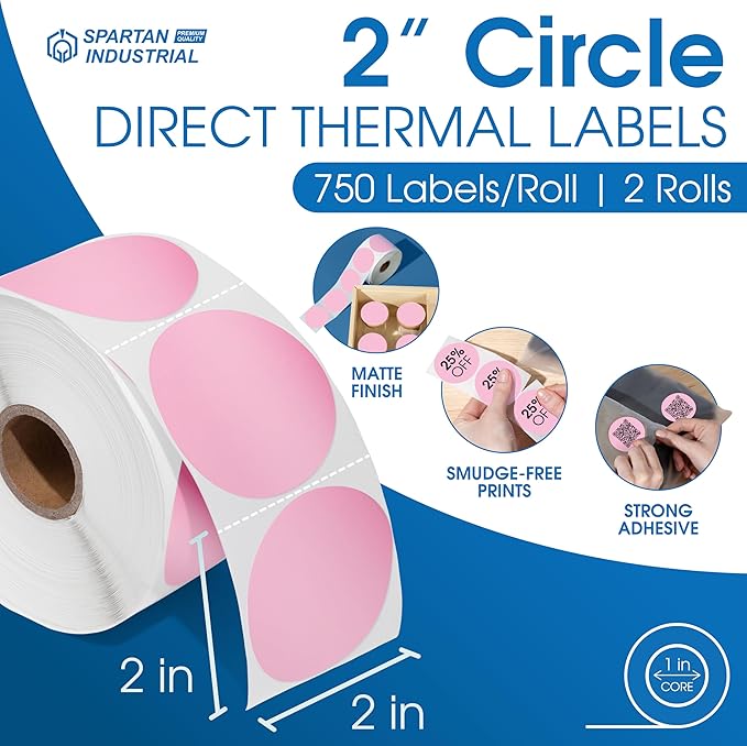 Spartan Industrial 2" Direct Thermal Pink Labels | Perforated Custom Circle - Image 2