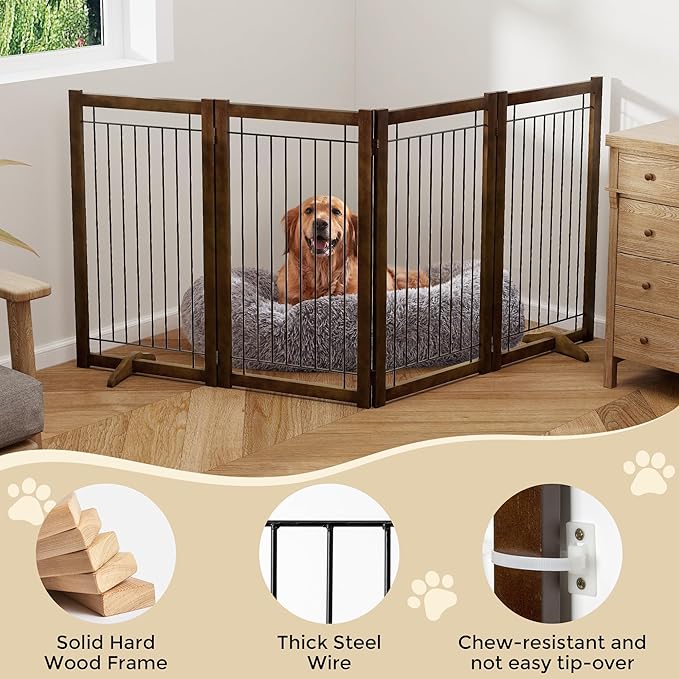 Wire Dog Gate Solid Wood Frame, Anti-Chewing, Indoor Freestanding Pet Gate - Image 4
