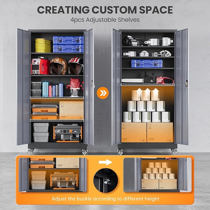 Metal Garage Cabinets with Wheels, Heavy Duty Rolling Storage Cabinet with Lock - Image 4
