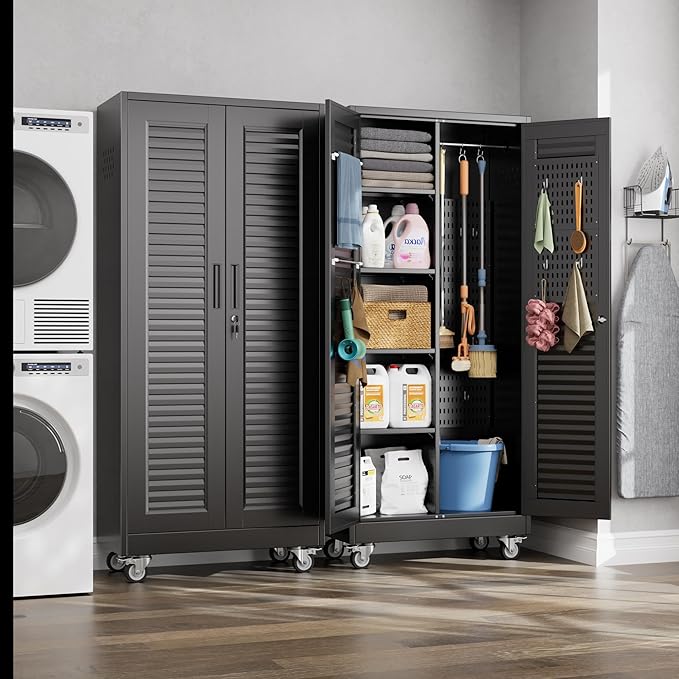 Garage Storage Cabinet with Wheels and 4 Shelves, Metal Broom Closet Storage - Image 8