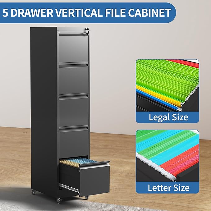 5 Drawer Mobile File Cabinet, Metal Filing Cabinet - Image 6