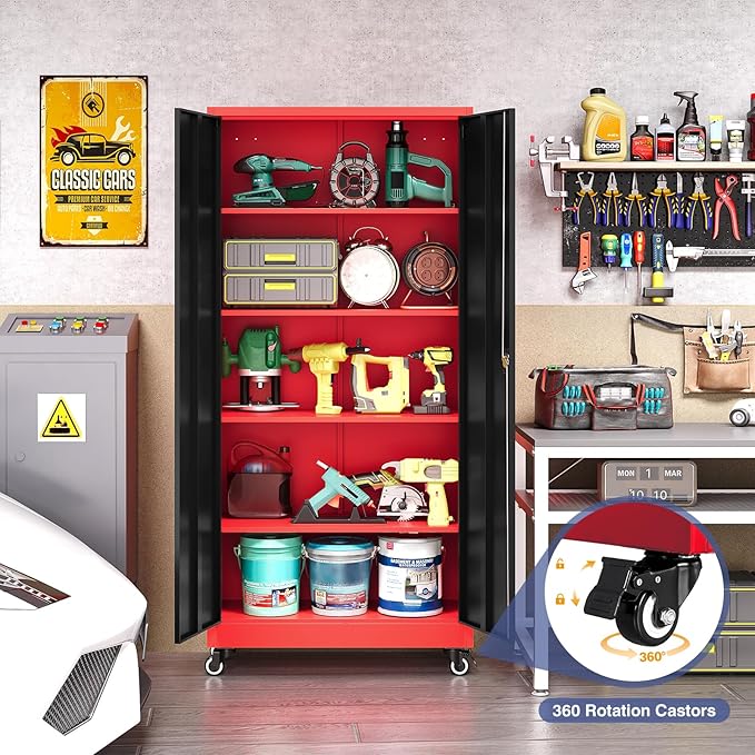 Metal Storage Cabinet with Wheels, Tall Garage Storage Cabinet with 4 - Image 3