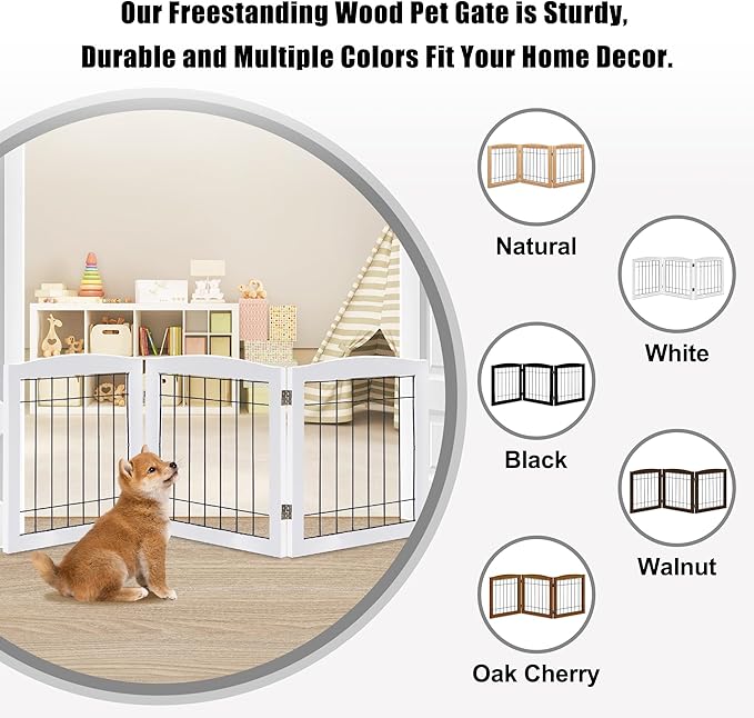 LZRS 3-Panel Freestanding Foldable Wooden Dog Gate –Solid Wood & Steel Wire - Image 4