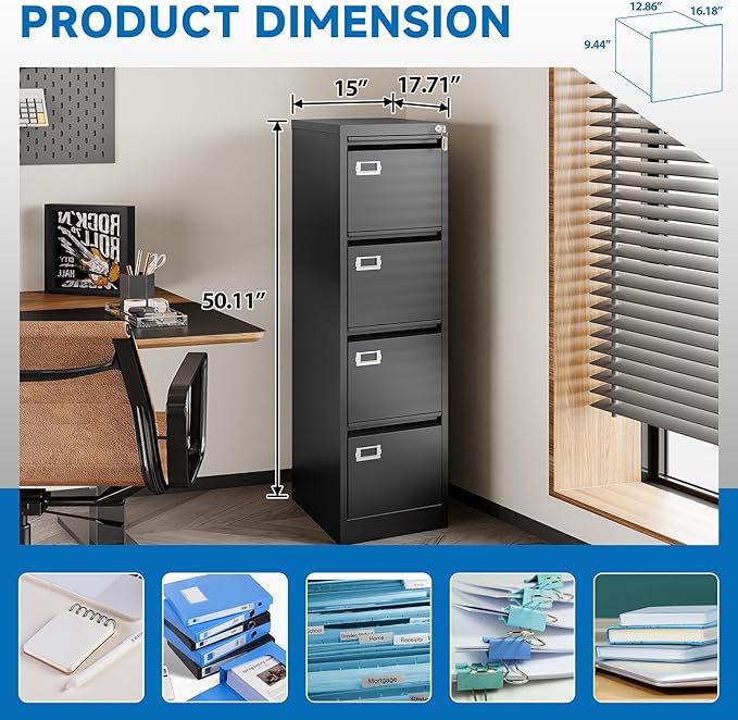 4 Drawer File Cabinet with Lock Metal Vertical File Cabinet Office Home - Image 4