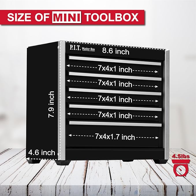 P.I.T. Mini Black Tool Box, Portable 5-Drawer Micro Roll Cab Steel Stackable - Image 3