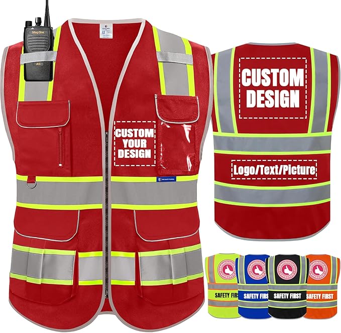 BeautyWill Custom Logo 10 Pockets Safety Vest Class2 ANSI Certified High by BeautyWill