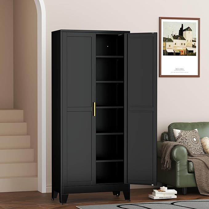 Metal Pantry Cabinet with 2 Doors and 5 Adjustable Shelves, Versatile Storage - Image 8