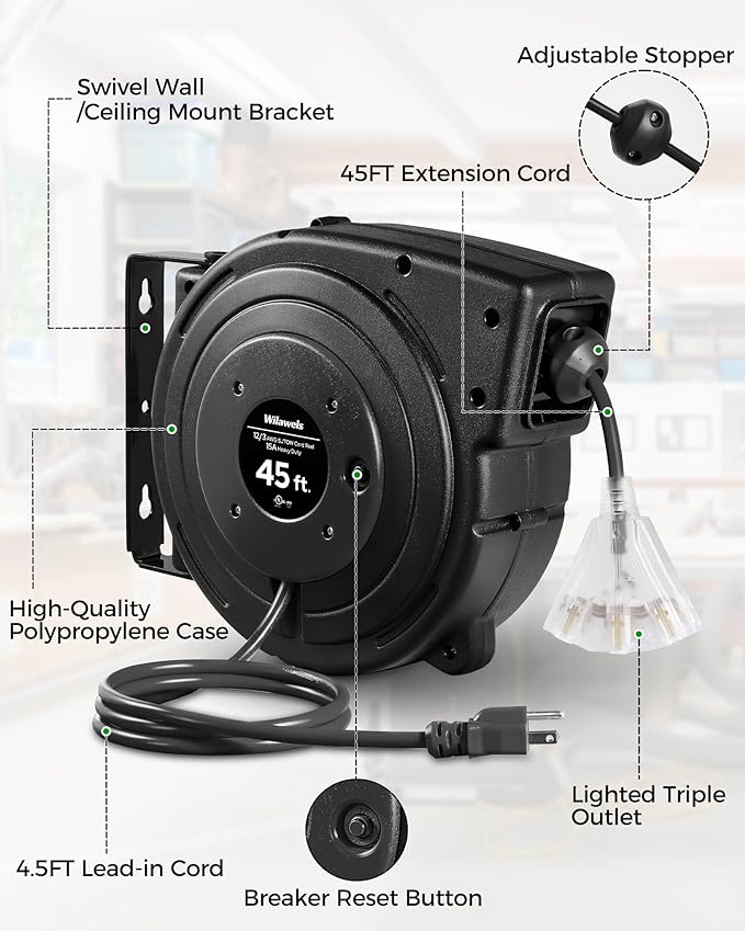 WILAWELS12 Gauge Retractable Extension Cord Reel, 45 FT 12AWG/3C SJTOW Heavy - Image 9