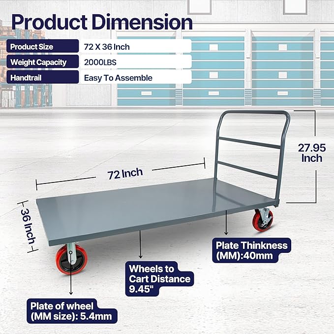 Flatbed Platform Cart Industrial Dolly – Heavy Duty 72” x 36” Hand Push Truck - Image 4