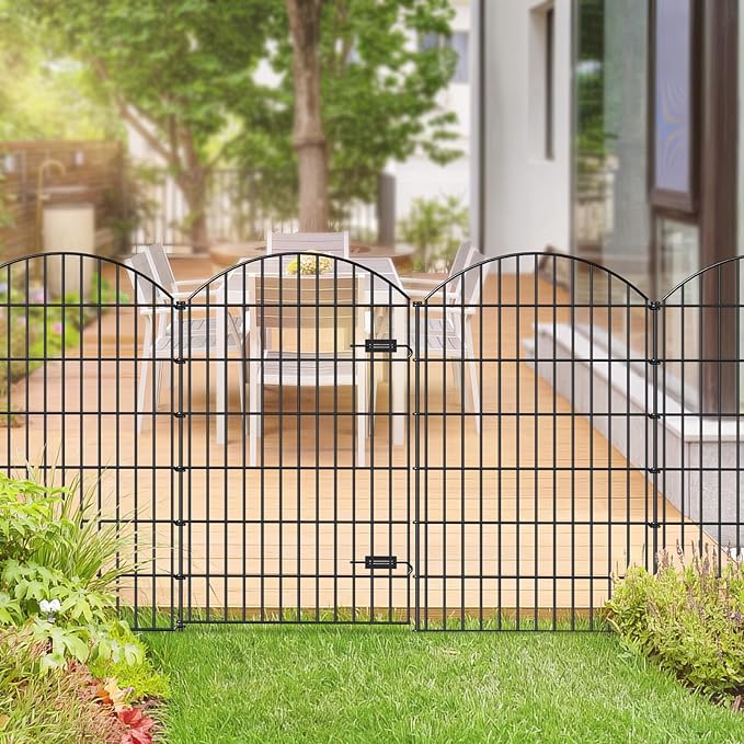 Metal Garden Fence with Gate 48in x 20.3ft, 1 Gate+ 7 Panels Dog Fences Border - Image 3