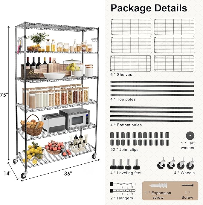 YNN Storage Shelves, 2100Lbs 6 Tier Heavy Duty Metal Rolling Shelving Unit - Image 3