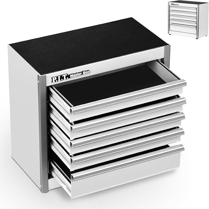 P.I.T. Mini White Tool Box, Portable 5-Drawer Micro Roll Cab Steel Stackable - Image 9