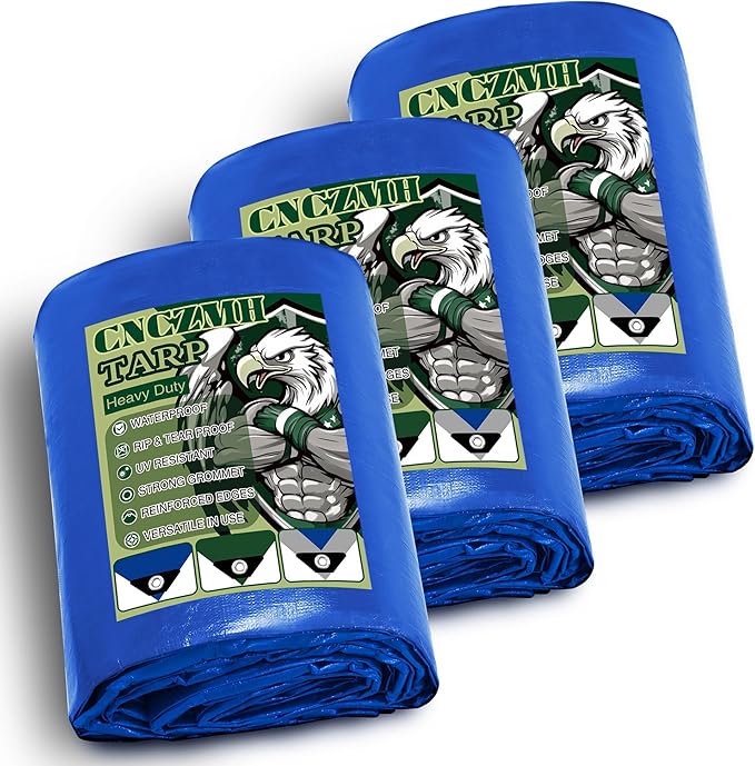Tarp Heavy Duty Waterproof 2.8x3 Feet 3 Pack, 10 Mil Thick Blue Poly Tarps by CNCZMH