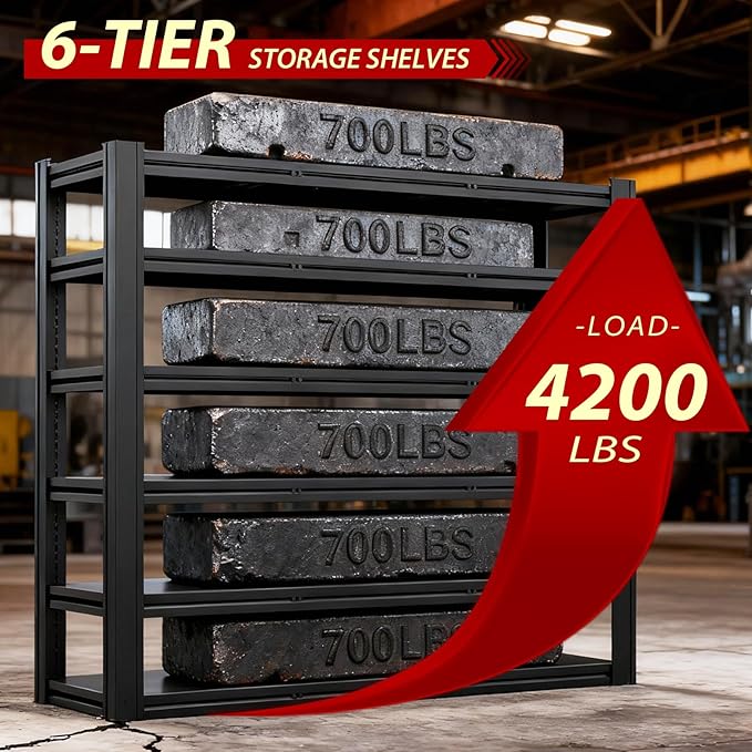 Metal Storage Shelves Unit, 6-Tier Adjustable Heavy Duty Garage Shelving - Image 3