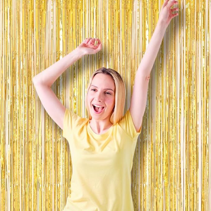 3 Pack 3.3 x 8.2 ft Laser Gold Foil Fringe Backdrop Curtains, Tinsel Streamers - Image 8