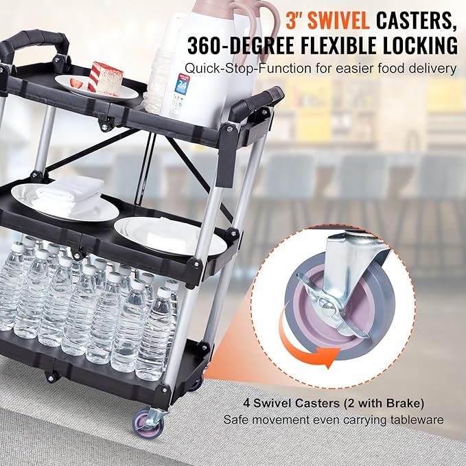 VEVOR Foldable Utility Service Cart, 165LBS 3 Shelf Heavy Duty Plastic Rolling - Image 2