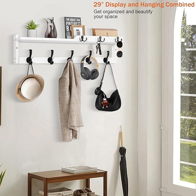 29'' Coat Rack Wall Mount with Shelf, Coat Hanger Wall Mount with Key Hooks and - Image 5