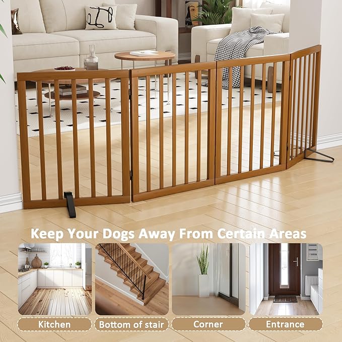 Freestanding Pet Gate Foldable 4 Panel Dog Gate Walnut Dog Gates - Image 3
