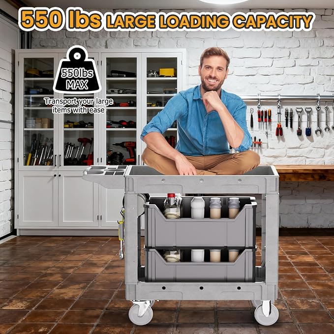 2-Tier Rolling Tool Cart, Heavy-Duty Plastic Service Cart - Image 6