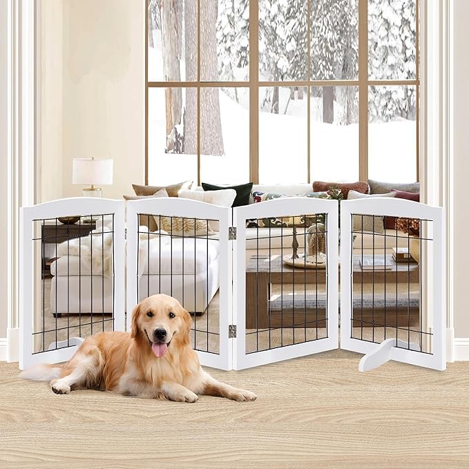 LZRS 4-Panel Freestanding Wooden Dog Gate—Extra Wide 30” Tall Foldable Pet by LZRSPET
