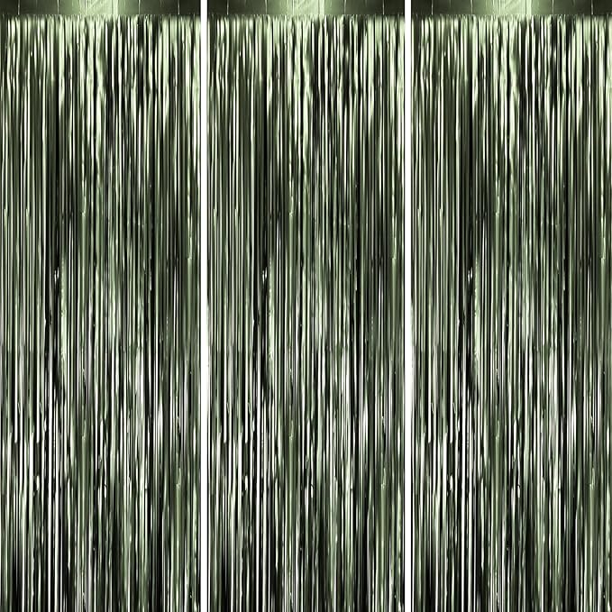 3 Pack 3.3 x 8.2 ft Matte Green Foil Fringe Backdrop Curtains, Tinsel Streamers by Voircoloria