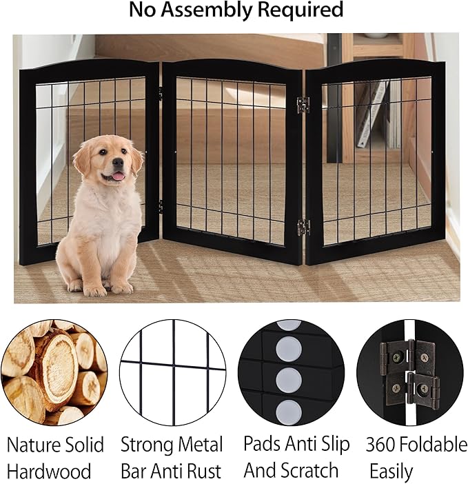 LZRS 3-Panel Freestanding Foldable Wooden Dog Gate –Solid Wood & Steel Wire - Image 3