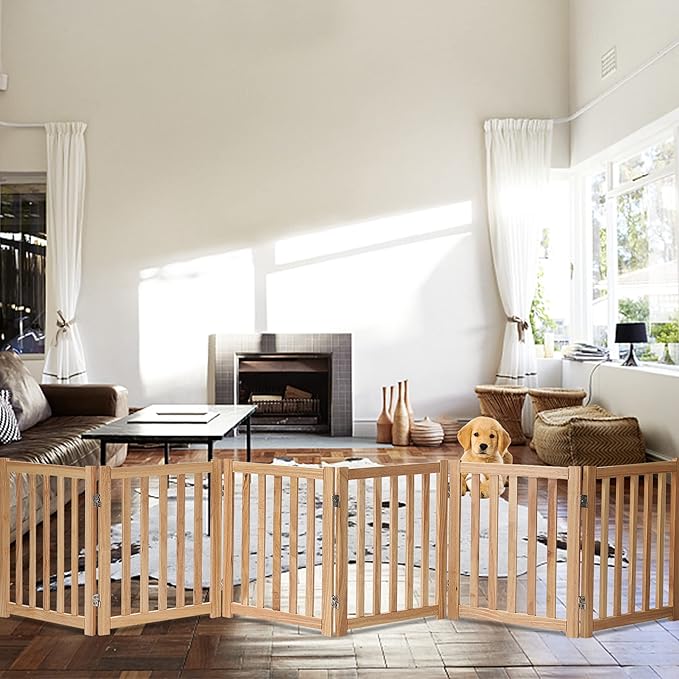 LZRS 6-Panel Extra-Wide Freestanding Wooden Dog Gate Indoor – 24”High Foldable - Image 7