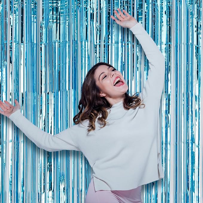 3 Pack 3.3x8.2 Feet Light Blue Foil Fringe Backdrop Curtains, Tinsel Streamers - Image 7