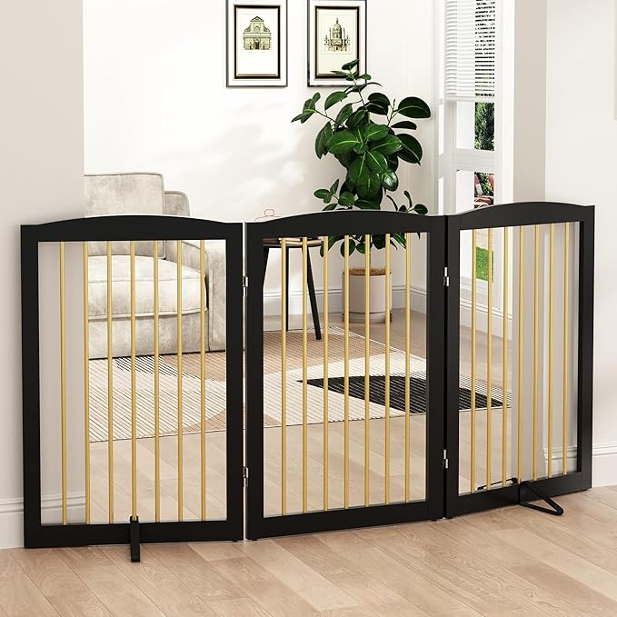 Freestanding Pet Gate for Dogs, Foldable Wooden Dog Gate for House Indoor by PUPETPO