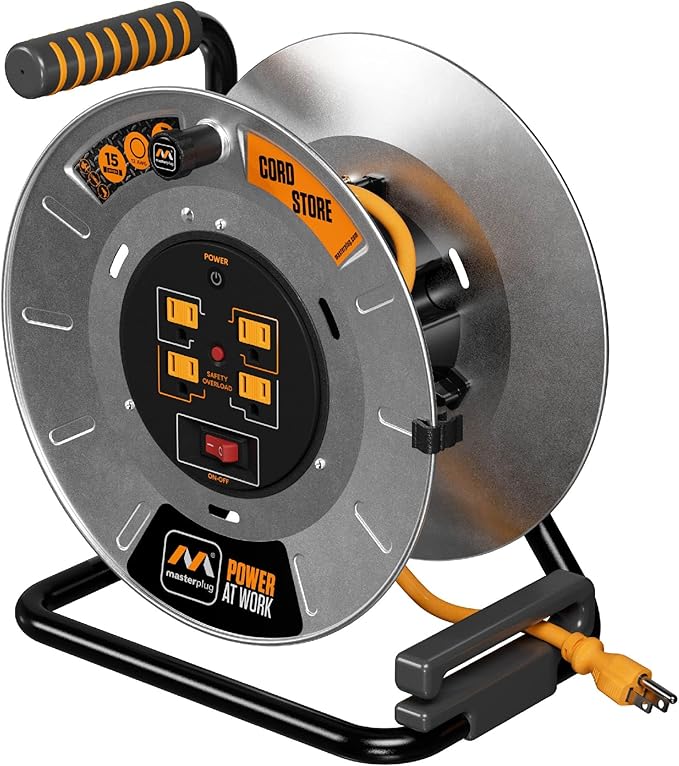 Masterplug 1ft Cord Reel, Metal Cable Drum, Retractable Extension Lead by Masterplug