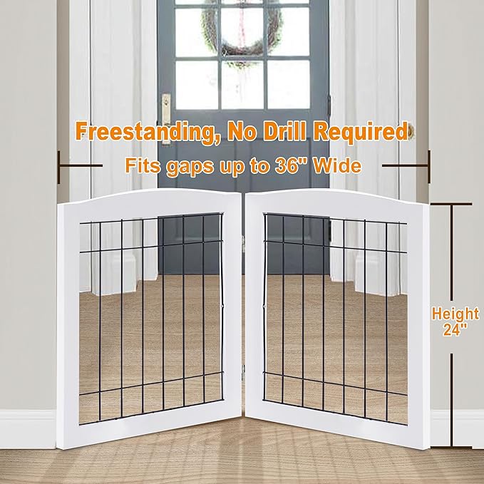 LZRS 2-Panel Freestanding Foldable Wood Dog Gate – Solid Wood & Steel Wire - Image 2