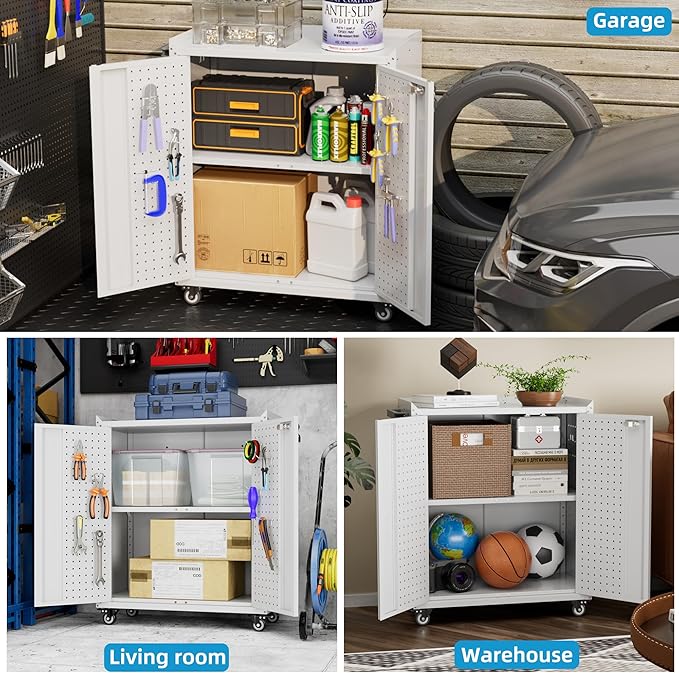Metal Tool Cabinet with Pegboard and Hooks, Garage Storage Cabinet with Wheels - Image 8