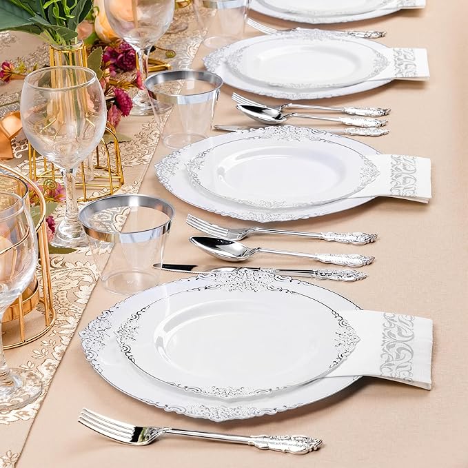 350PCS Silver Plastic Plates for 50 Guests, Disposable Dinnerware Set Includes - Image 7