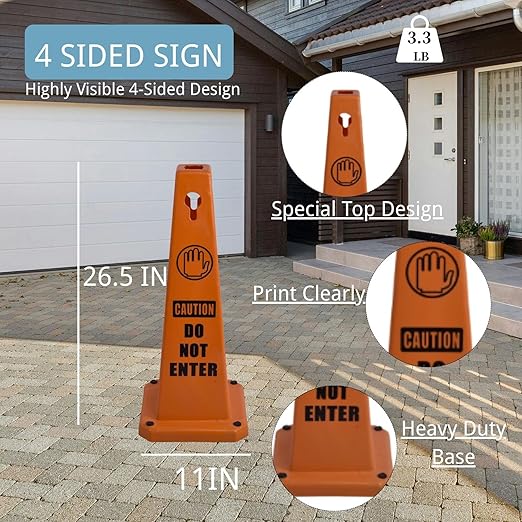 BESEA 4Pack Red Cones Caution DO NOT Enter Sign 4-Sided Heavy Duty Traffic Cones - Image 2