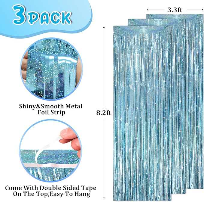3 Pack 3.3 x 8.2 ft Laser Blue Foil Fringe Backdrop Curtains, Tinsel Streamers - Image 2