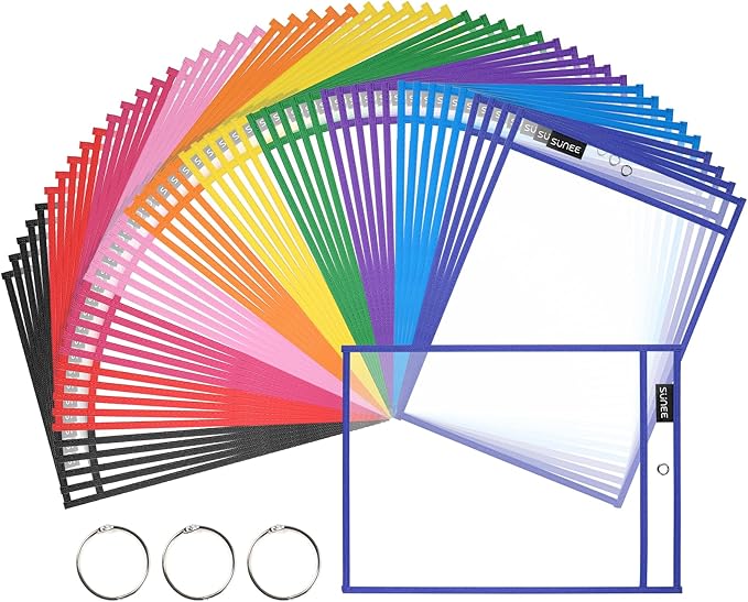 SUNEE 50 Packs Oversized Reusable Dry Erase Pocket Sleeves by SUNEE