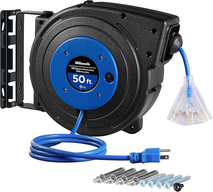 Retractable Extension Cord Reel, 50 FT Heavy Duty Power Cord, 14AWG/3C SJTOW by Wilawels