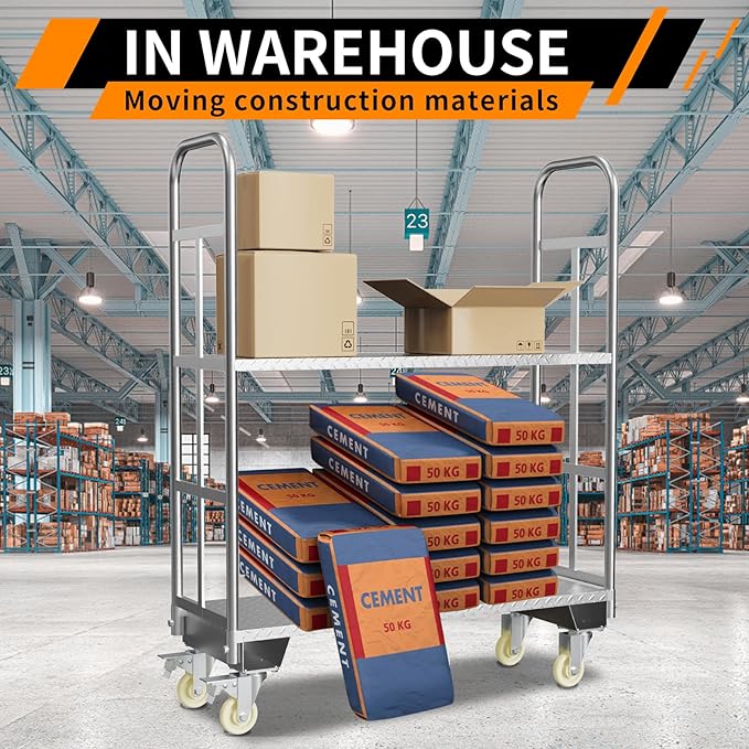 Two Tier U-Boat Platform Truck Cart, 16 x 48Inch Narrow Aisle Flatbed Truck - Image 7