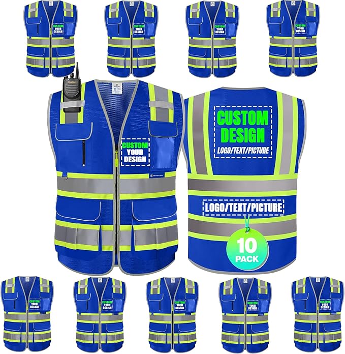 BeautyWill Custom Logo 10 Pockets Safety Vest Class2 ANSI Certified High by BeautyWill