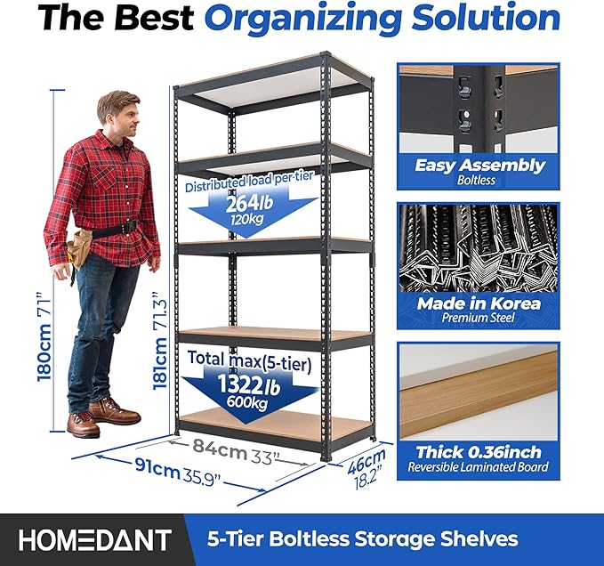 HOMEDANT 35.9" W 5 Tier Heavy Duty Garage Shelving Adjustable Metal Rack - Image 2