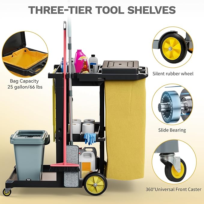DWVO Janitorial Cart on Wheels, Cleaning Carts, Housekeeping Carts, 3 Shelf - Image 4