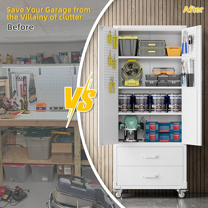 Garage Storage Cabinet with 2 Drawers and Pegboard, Metal Storage Cabinet with - Image 7