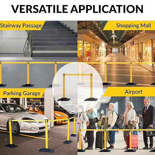 4-Pack 36" Yellow Crowd Control Stanchions, Heavy-Duty Rubber Rectangular Base - Image 7