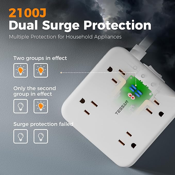 TESSAN Surge Protector Power Strip, 5 Ft Extension Cord Flat Wall Plug - Image 4
