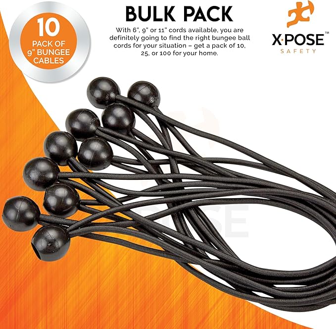 Xpose Safety Bungee Ball Cords 9" 10 Pack Heavy Duty Black Stretch Rope - Image 5