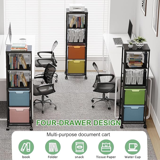 4 Drawers File Cabinet, Vertical Filing Cabinets, Rolling File Cart, Hanging - Image 7