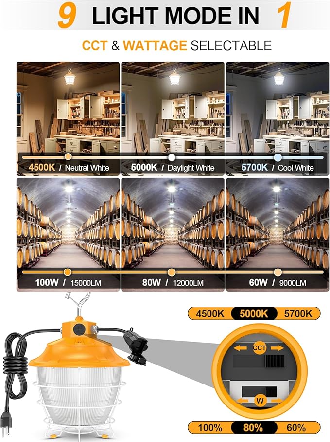 LED Temporary Work Light 100W 80W 60W Tunable 4500K 5000K 5700K Tunable 15000LM - Image 2