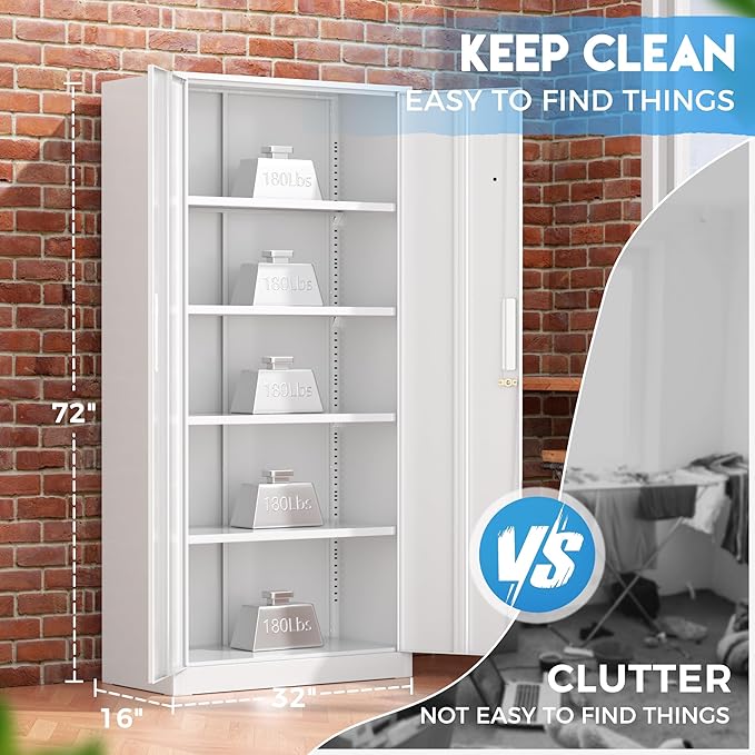 Greenvelly White Metal Storage Cabinet, Tall Tool Storage - Image 6